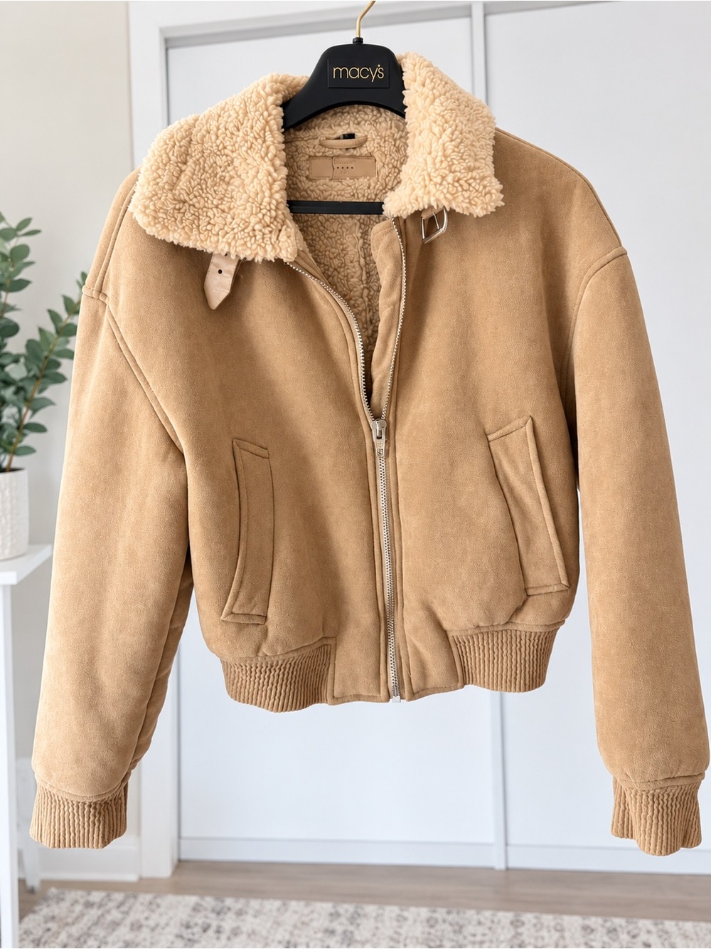 BLANKNYC Faux Suede Shearling Bomber Jacket Tan Size Small